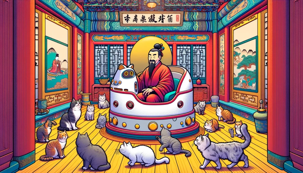 Ming Dynasty-style room with diverse cats playfully interacting with a historically-styled litter robot.