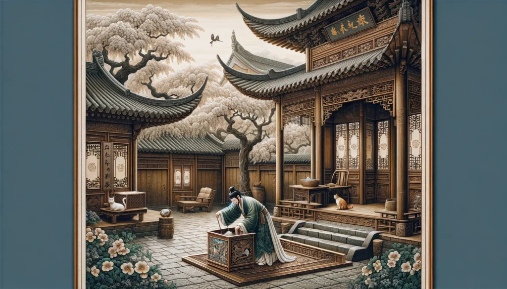 In a Ming Dynasty-style Chinese courtyard, a figure in historical attire moves a decorated litter box, with a lounging cat nearby, symbolizing elegant cat care in traditional settings.