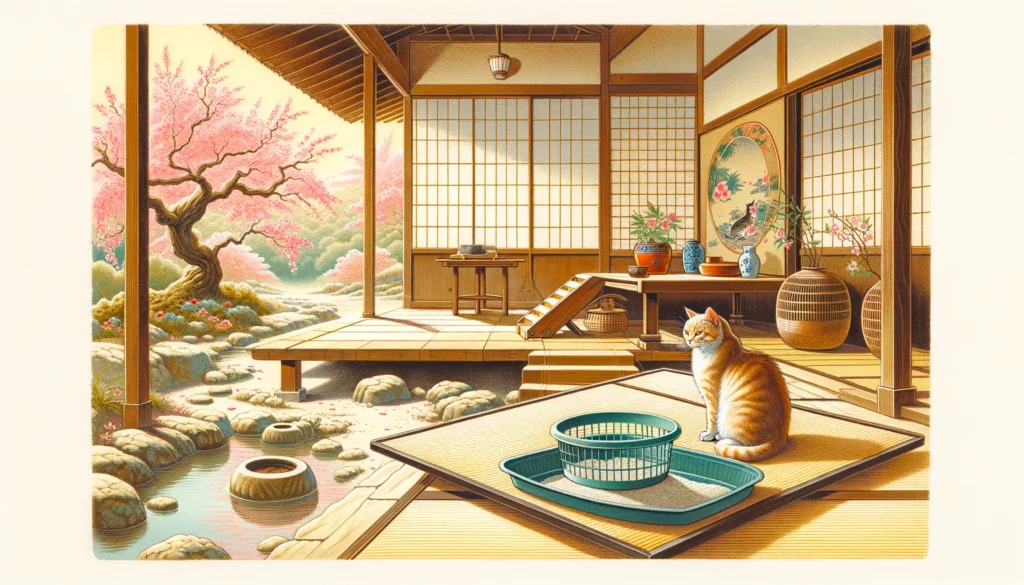 Nihonga art style scene depicting a cat near a litter box in a tranquil Japanese setting, reflecting managing litter box aversion in cats.