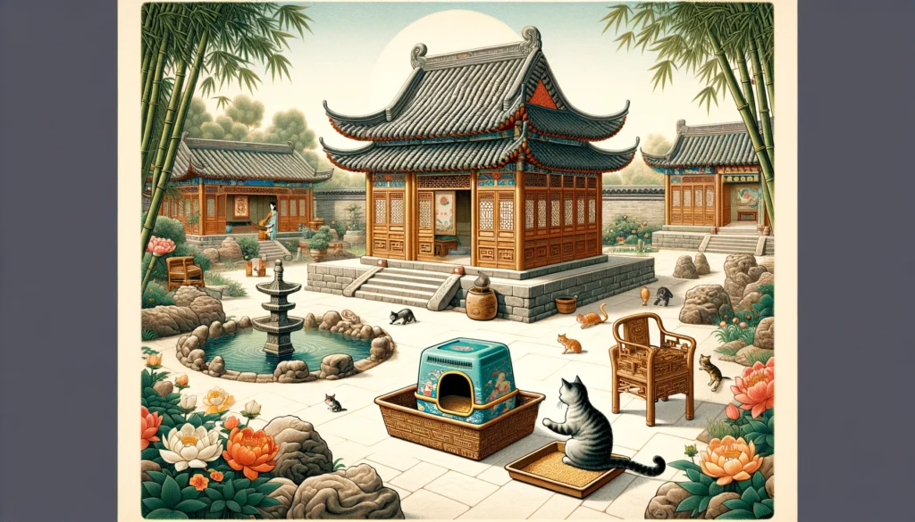 Chinese Ming Dynasty style cartoon depicting a figure moving a decorated litter box in an elegant courtyard, with a cat observing, symbolizing harmony in daily tasks