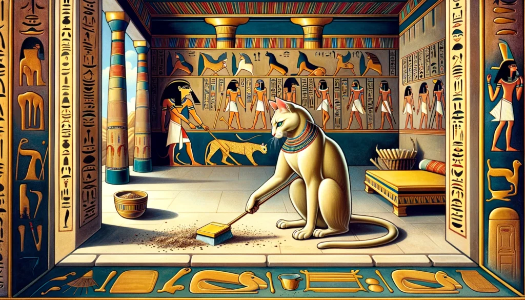 An ancient Egyptian scene showing a cat, litter on a carpet, and cleaning methods in Ptolemaic art style, with Egyptian motifs and hieroglyphics.