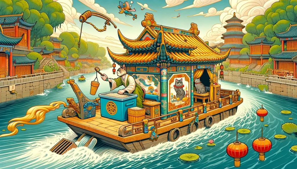 In a Ming Dynasty-style riverboat scene, a traveler manages a decorated cat litter box, depicting the fusion of travel and cat care in historical China.