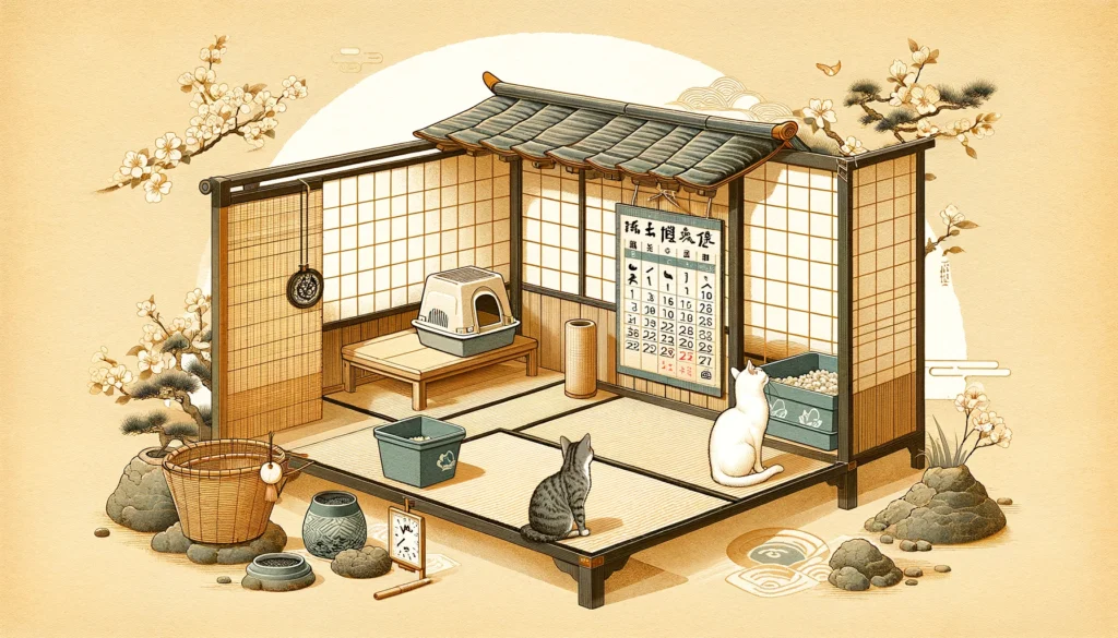 Nihonga art representation showing the process of creating a litter box training schedule, with a cat in a peaceful Japanese setting.