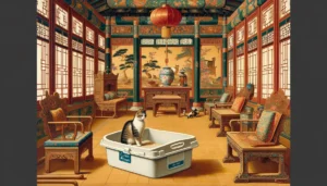 Ming Dynasty-style art scene depicting DIY litter box hacks with a cat and traditional Chinese elements.