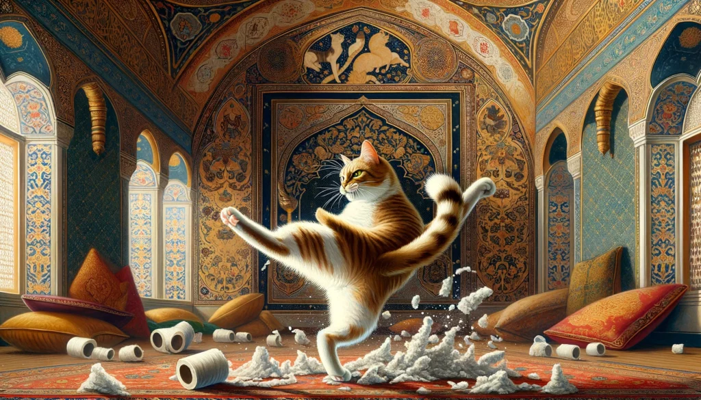 In Ottoman art style, a cat is depicted energetically kicking litter around, set against a backdrop of intricate Ottoman patterns and architectural motifs, illustrating the cat's dynamic behavior.