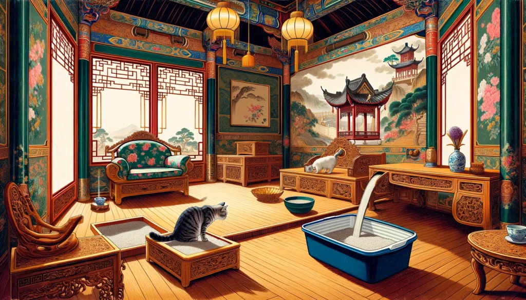 Ming Dynasty-style artwork showing innovative litter box placement with a cat in a traditional Chinese setting.