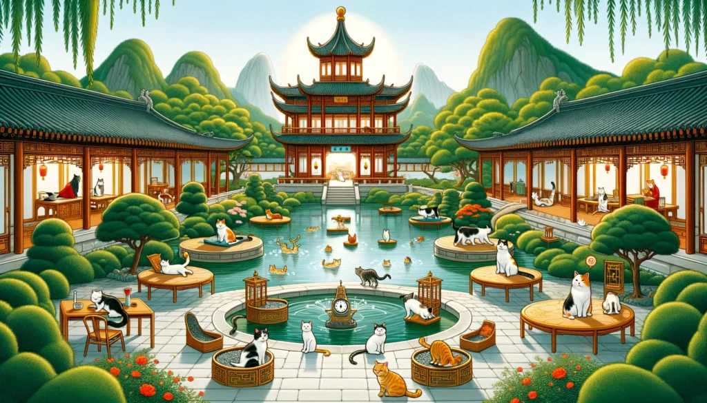 In a Ming Dynasty palace garden, cats relax among pavilions and a lake, with a water clock, depicting their resilience without a litter box.