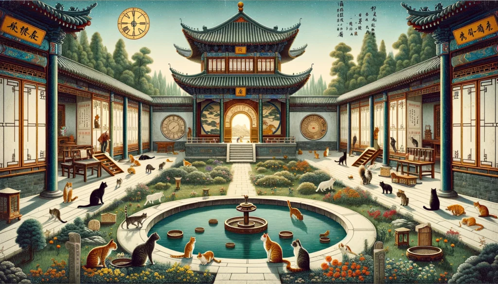 In a Ming Dynasty style garden, cats are seen resting and playing, with a sundial and flowers, reflecting their natural lifestyle without a litter box.