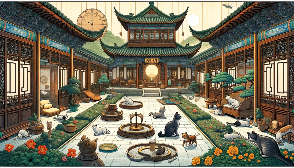 In a Ming Dynasty-style Chinese courtyard, a cat is shown in stages of waiting, with a sundial and flowers, representing a cat's adaptability without a litter box.