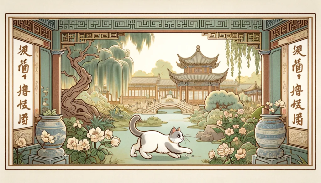 Ming Dynasty-style illustration of a cat exploring a serene Chinese garden, reflecting on how long cats can go without a litter box.