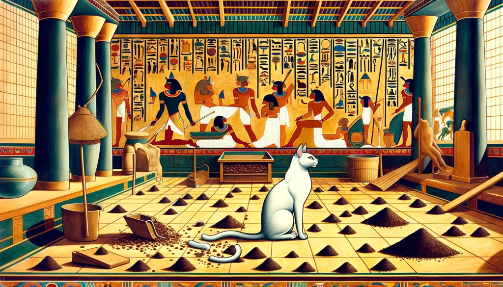 In a Ptolemaic art style scene, an Egyptian cat, litter on carpet, and ancient cleaning methods are depicted, set against a backdrop of Egyptian motifs and hieroglyphics.