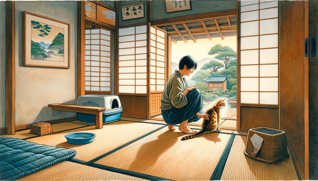 A Nihonga painting showing a rescue cat being gently guided towards a litter box in a peaceful Japanese home, symbolizing patience and care in the cat's new beginning.