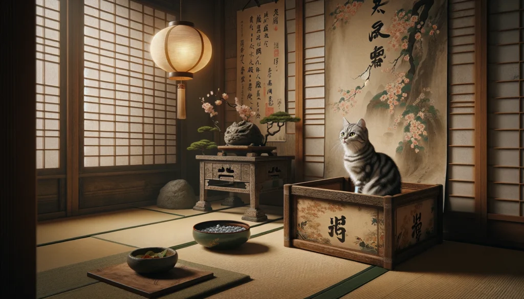 A striped cat beside a traditional Japanese litter box in an antique tea room.