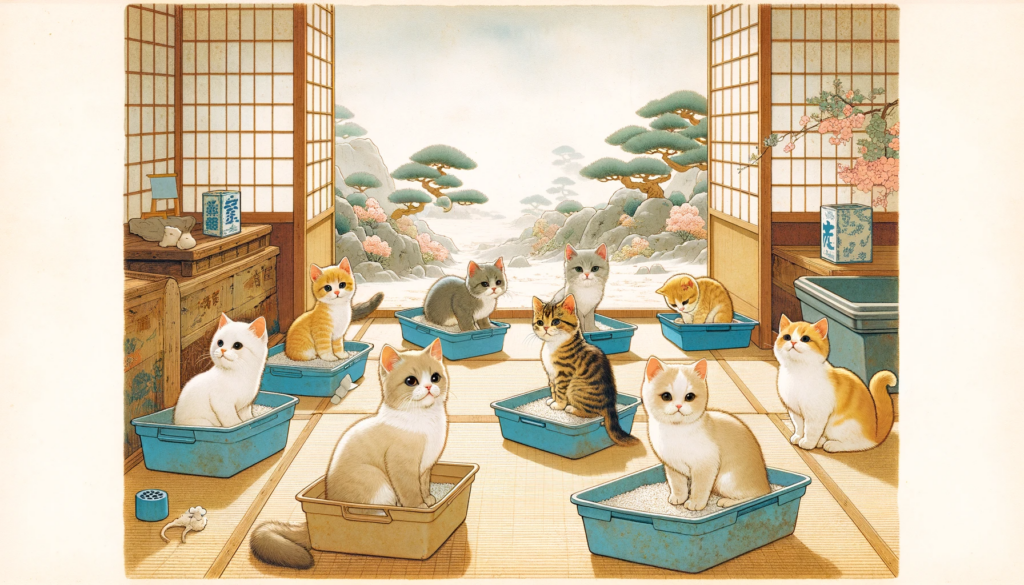 Various aged cats engaging with litter boxes in a tranquil, Nihonga Art style setting.