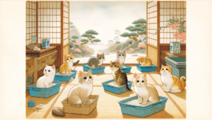 Various aged cats engaging with litter boxes in a tranquil, Nihonga Art style setting.