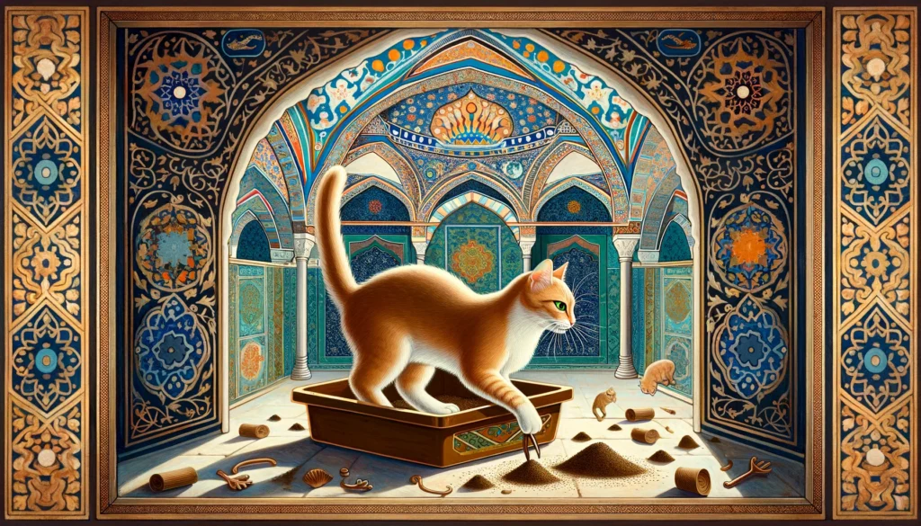 In an Ottoman art style, a playful cat is shown in a litter box, with a backdrop of intricate Ottoman patterns and architectural motifs, capturing the playful nature of cats.