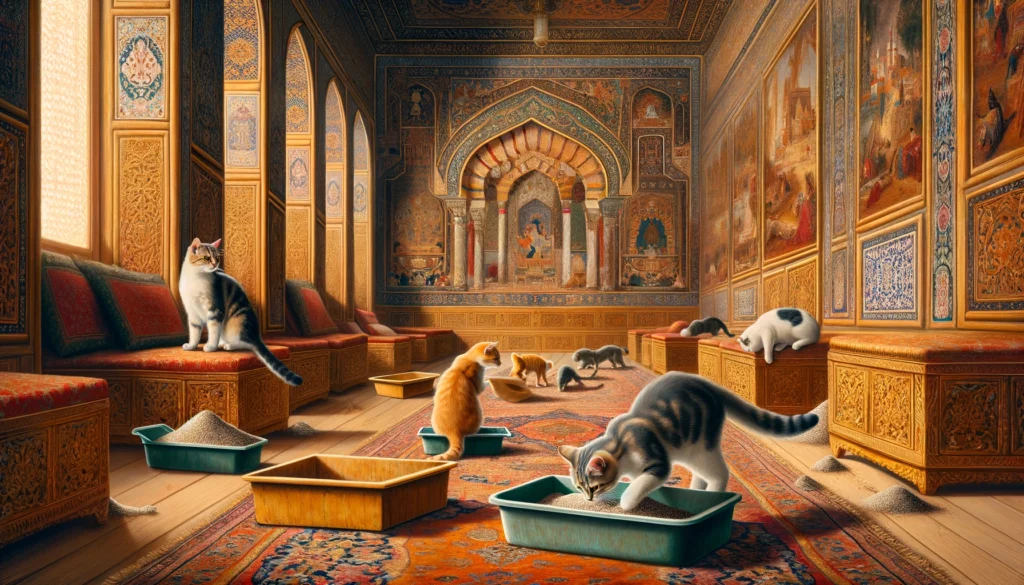 Cats playfully exploring a litter box within the luxurious confines of an Ottoman palace, surrounded by elaborate carpets and ornate ceramics.