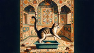 Ottoman art style depiction of a playful cat in a litter box, surrounded by intricate patterns and architectural motifs, showcasing the cat's playful behavior in a historical context.