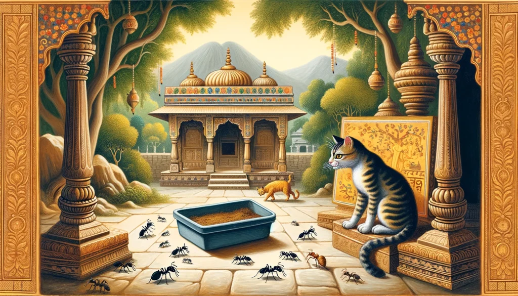 A traditional Indian scene with a curious cat observing ants near a litter area, set against a backdrop of ancient architecture and lush nature.