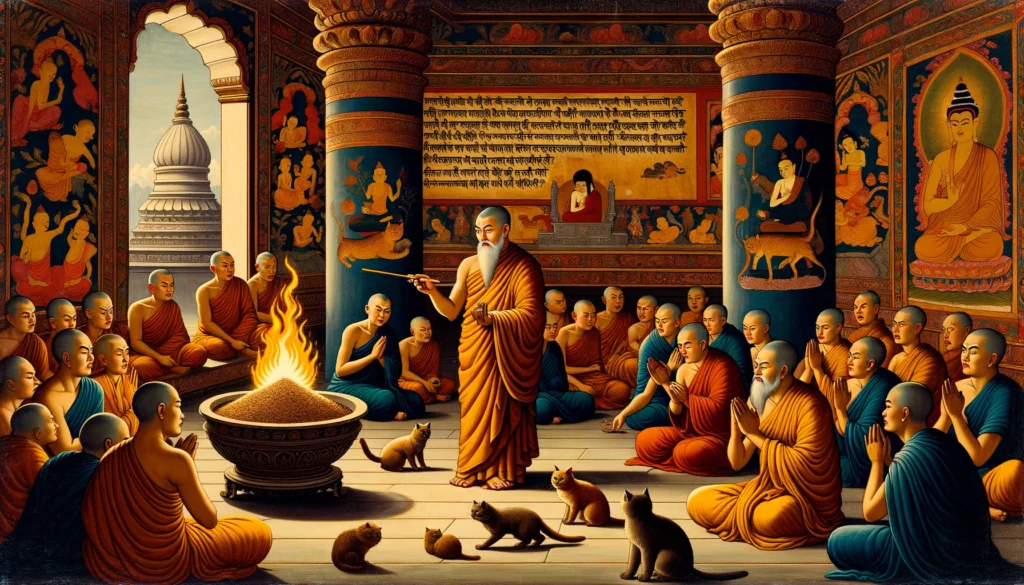 An ancient temple scene with monks learning about the non-flammability of cat litter, with cats and scholarly artifacts around.