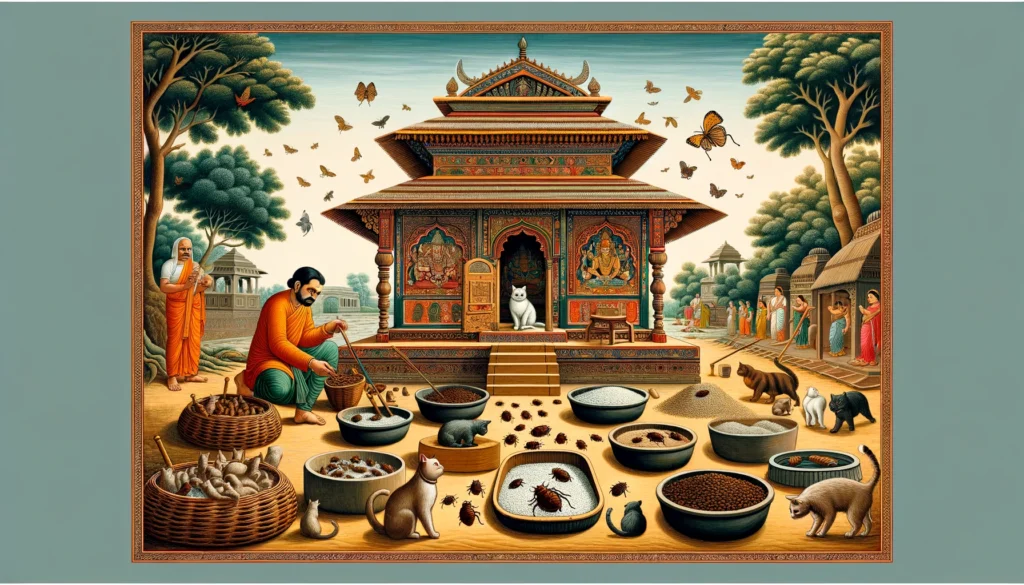 A classical Indian Hindu art depiction of an individual inspecting bed bugs in a cat litter area, set in a traditional domestic setting with ancient architectural elements.