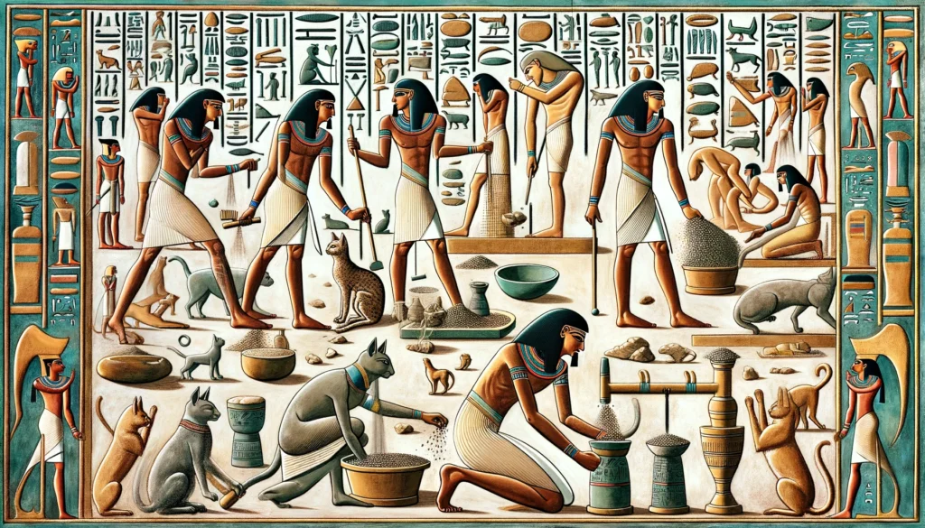 Ancient Egyptians engaging in a methodical process to neutralize ammonia in cat litter, illustrated in the Ptolemaic art style without any text. The scene captures figures mixing natural substances and applying them to cat litter, surrounded by symbolic elements of cleanliness and care for animals.
