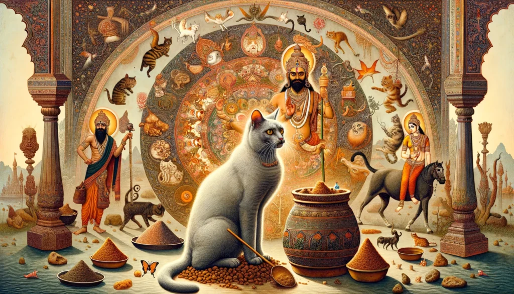 A classical Indian Hindu art depiction from the 4th to 14th century AD, showcasing the theme of 'cat litter mold' without any textual elements. The image features traditional Indian motifs and elements symbolizing the growth of mold in a cat litter environment, using age-old color palettes and artistic principles.