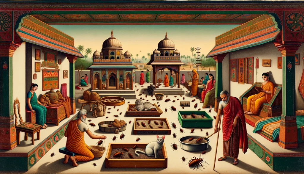 A Classical Indian Hindu art scene depicting an exploration into the possibility of bed bugs inhabiting cat litter, set in an ancient domestic environment.