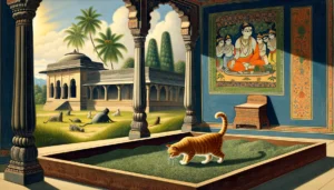 A cat curiously inspects a litter area made of grass seeds within a traditional Indian setting, surrounded by classical architecture and nature.