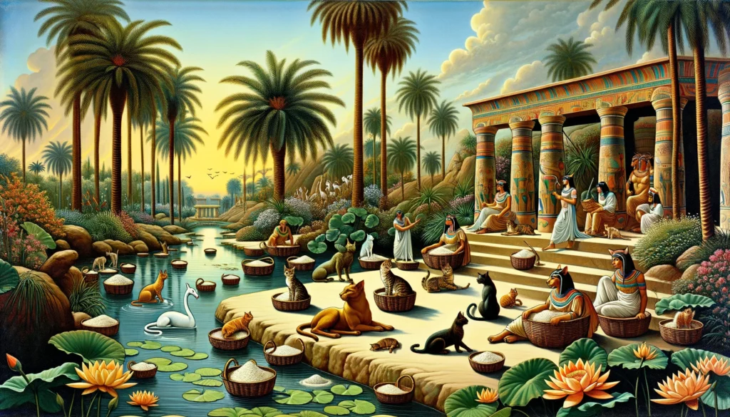 Ancient Egyptian garden scene with hypoallergenic cat litters in the Ptolemaic Period, depicting serene coexistence and allergy management efforts.