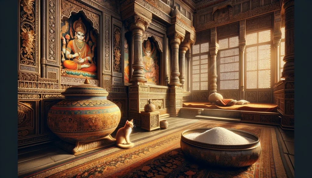 A contemplative cat sits on an ornate rug, surrounded by the rich details of a Hindu-Buddhist palace's carved interior and a bowl of cat litter.