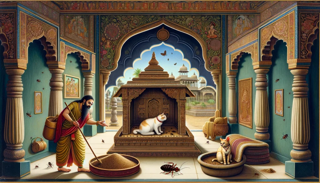 A traditional scene of Classical Indian Hindu art showcasing the exploration of bed bugs in a cat litter area, set within an ancient domestic setting.