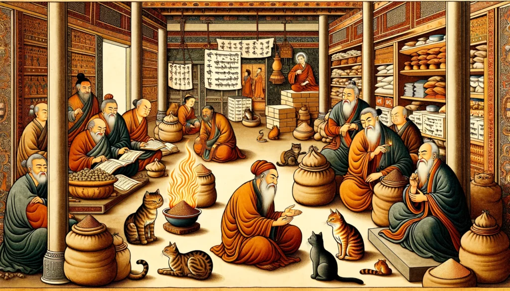 A classical Hindu-Buddhist art scene depicting scholars testing the flammability of cat litter in an ancient marketplace.