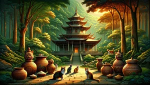 Evocative of Hindu-Buddhist art, this scene showcases cats in a sacred forest temple environment, with traditional pottery symbolizing reverence for nature's sanctity.