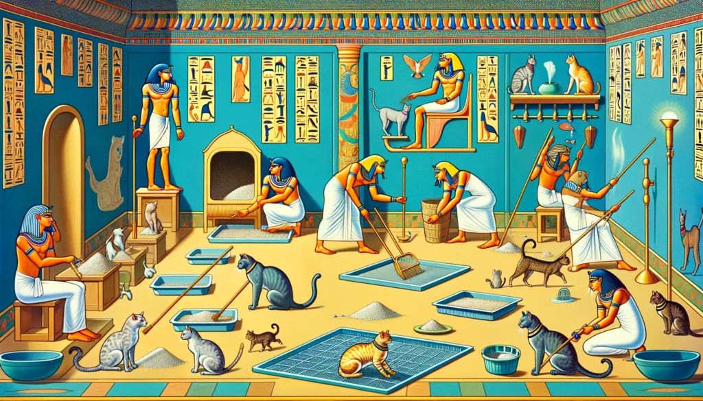 Ancient Egyptians using innovative methods to keep cat litter off the floor, depicted in the Ptolemaic art style. The scene shows high-sided litter boxes, litter mats, and cleaning routines, surrounded by cats in a clean environment.