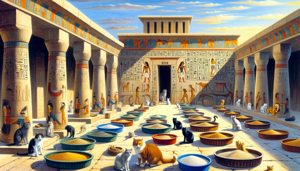 Ptolemaic Period Egyptian courtyard with hypoallergenic cat litters and roaming cats, highlighting allergy management and cleanliness in ancient Egypt.