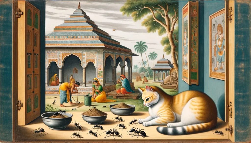 A curious cat observes ants near a litter area in a classical Indian setting, surrounded by traditional architecture and lush nature.