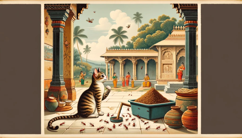 A curious cat observes ants near a litter area in a classical Indian setting, surrounded by traditional architecture and nature.