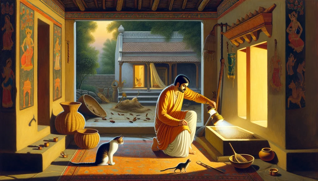 A classical Indian scene depicting an individual using a lamp to inspect cat litter for roaches, set within an ornate household courtyard.