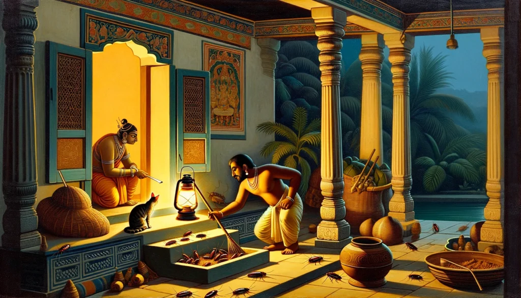 A classical Indian scene depicting a person examining cat litter with a lamp, searching for roaches, against a backdrop of traditional architecture and nature.