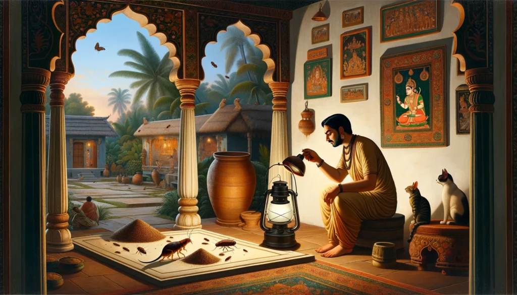  In a traditional Indian setting, an individual inspects a cat litter area for signs of roaches, illuminated by a lamp, amidst classical architecture and nature.