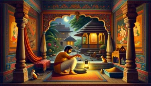 A scene depicting an individual in a traditional Indian setting, using a lamp to inspect a cat litter area for roaches, surrounded by classical architecture and nature.