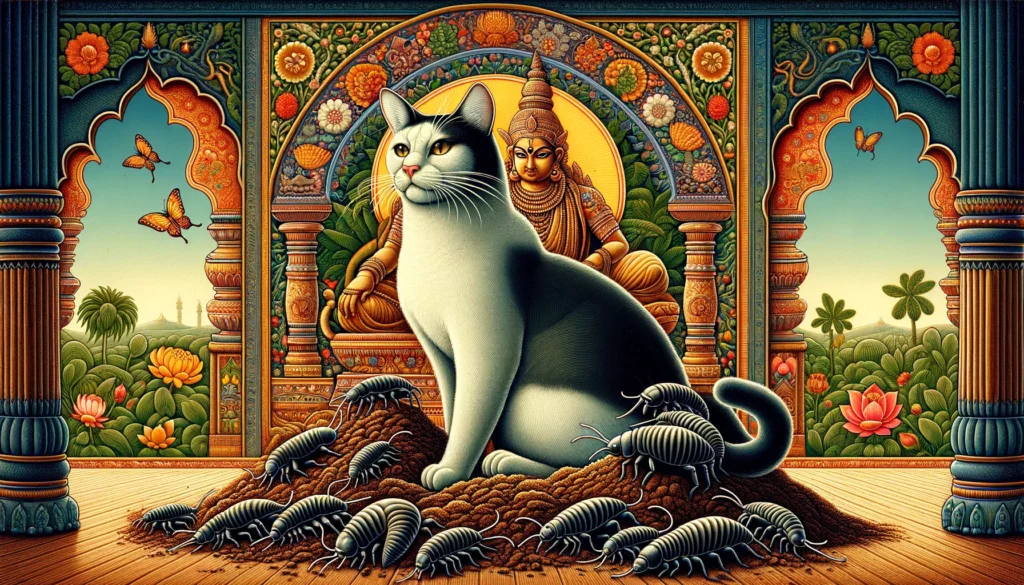 A majestic cat watches over weevils navigating through a sacred pile of cat litter in the Classical Indian Hindu art style, highlighting spiritual harmony.