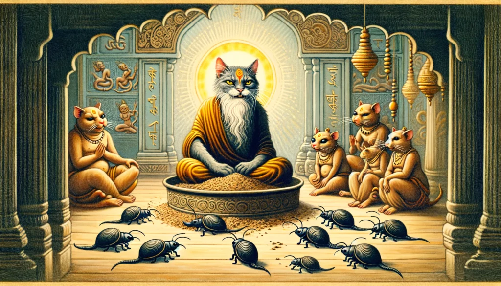 A wise old cat sits beside a sacred pile of cat litter, imparting wisdom to a group of attentive weevils, surrounded by ancient Indian symbols in the Classical Indian Hindu art style.