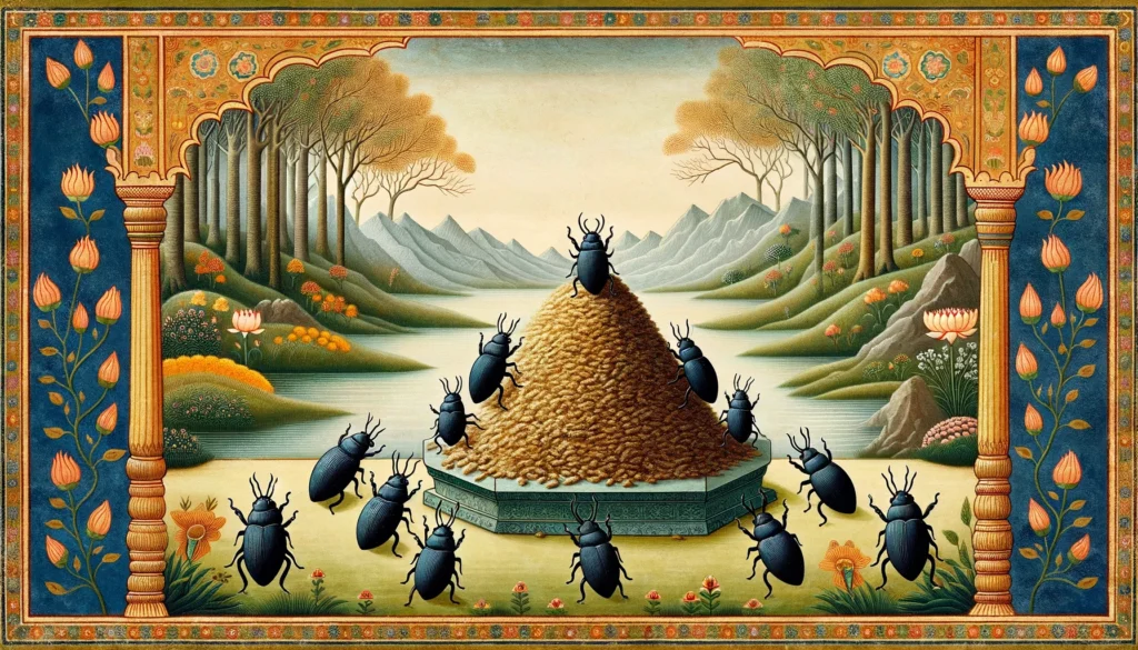 Weevils worship a pile of cat litter in a serene landscape, symbolizing fertility and abundance in Classical Indian Hindu art, surrounded by sacred trees, flowers, and water.