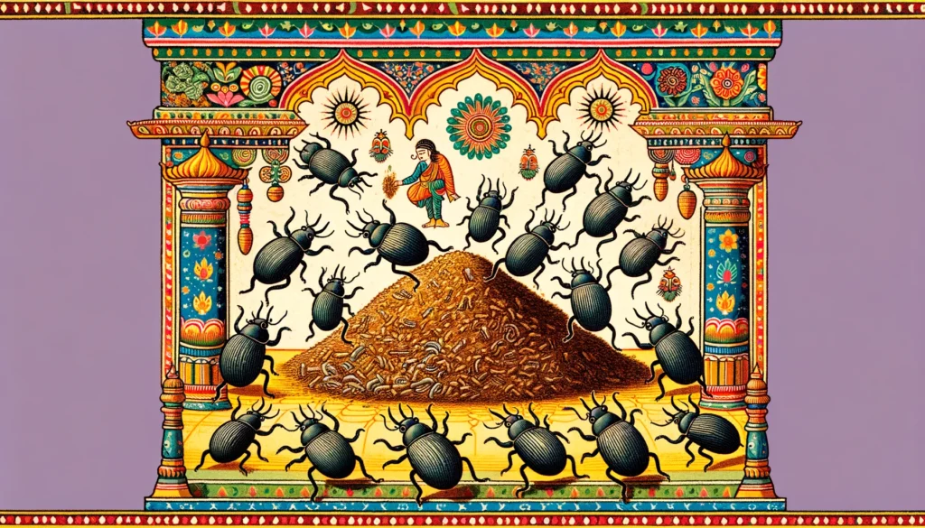 Weevils perform a ceremonial dance around a sacred pile of cat litter, depicted in the Classical Indian Hindu art style, filled with spiritual reverence and traditional motifs.