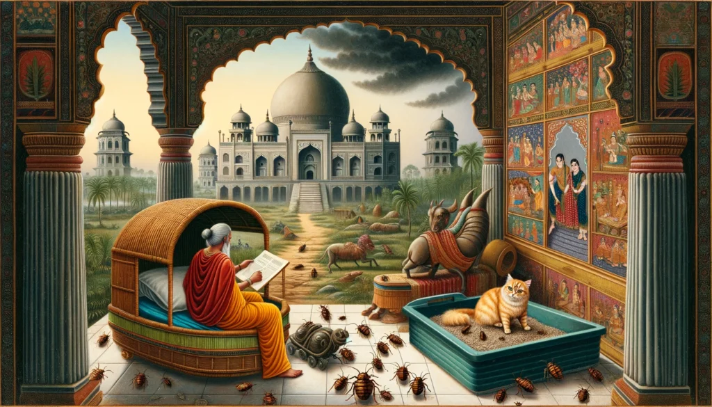 An ancient Indian scene depicting the inquiry into bed bugs' ability to inhabit cat litter, illustrated in Classical Indian Hindu art style.

