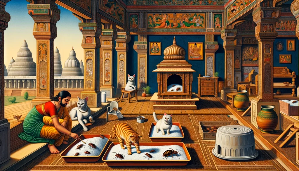 A vivid portrayal in Classical Indian Hindu art style, exploring the presence of bed bugs in cat litter within an ancient Indian setting.