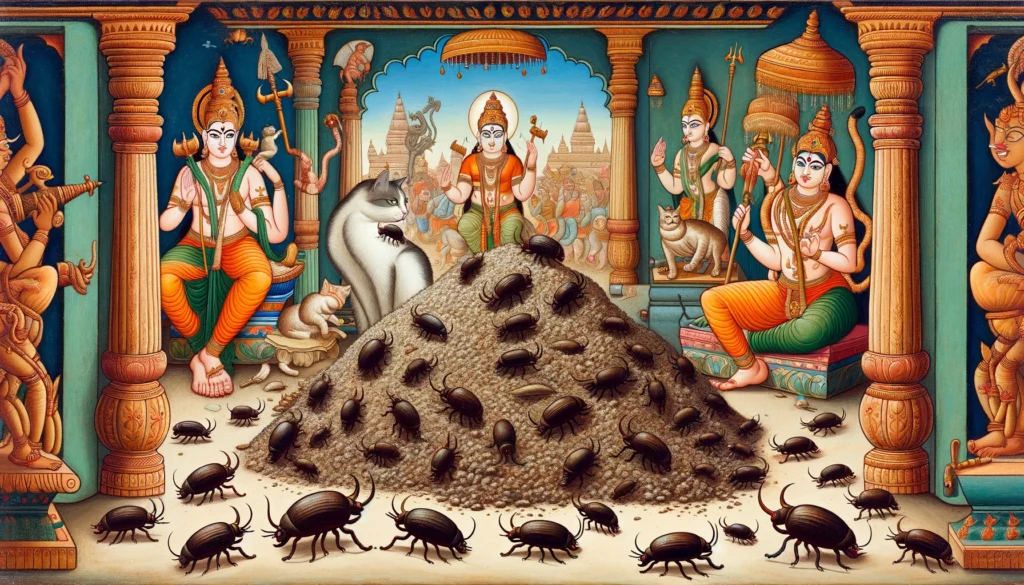 Classical Indian Hindu art style depiction of weevils navigating through a pile of cat litter, showcasing intricate details and fantastical elements.