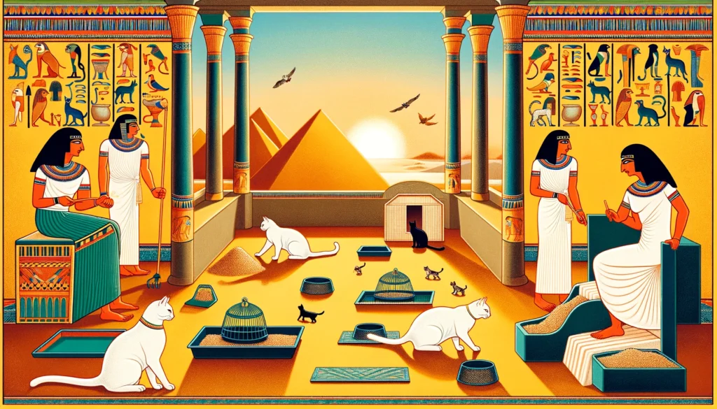 Ptolemaic art depiction of ancient Egyptians implementing techniques to keep cat litter off the floor, featuring high-sided boxes, litter mats, and cleaning routines, with cats in a clean environment.